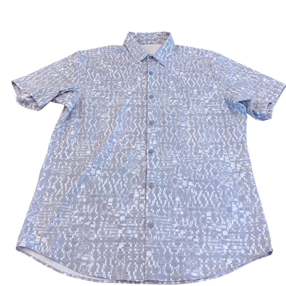 Lululemon Mens Short Sleeve Button Down Shirt Grey Pixel Print Ripstop Large